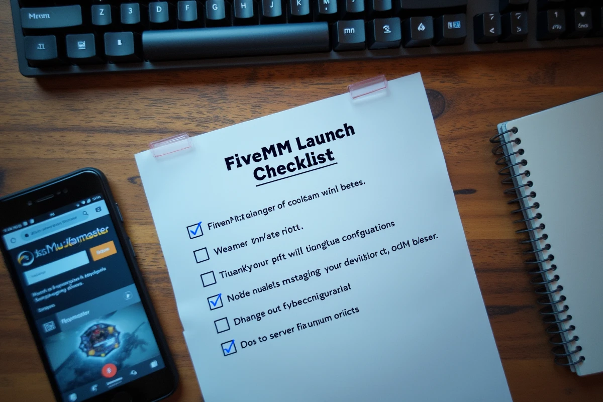 Vue aérienne d'un bureau avec checklist imprimée pour license key FiveM, smartphone affichant le Keymaster et notes de configuration serveur RP