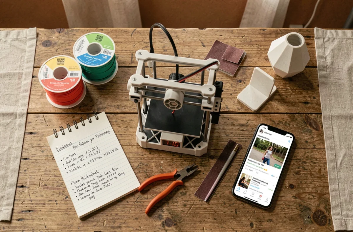 Flat-lay éditorial présentant une imprimante 3D entourée de bobines de filament, d'objets imprimés et d'un plan d'affaires pour lancer une petite activité