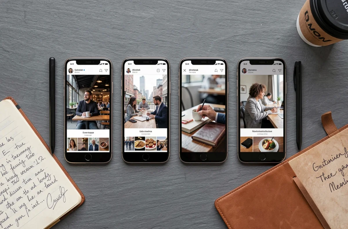 Vue aérienne de quatre smartphones professionnels alignés sur une surface ardoise affichant des photos test pour un comparatif 2026
