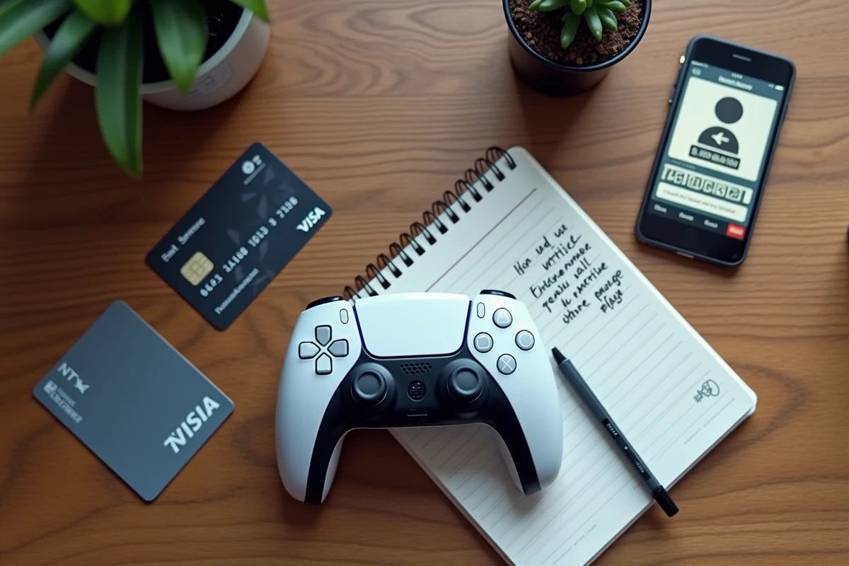 Vue de dessus d'une manette PS5, d'un téléphone avec un numéro Sony et d'une carte bancaire pour un remboursement PS Store