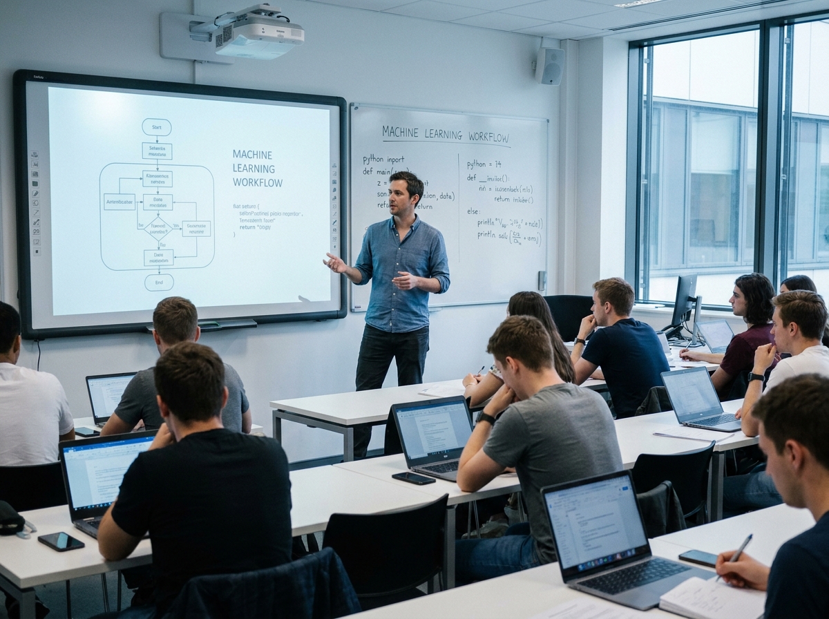 Formateur en intelligence artificielle dispensant un cours d'apprentissage automatique dans une école du numérique en alternance