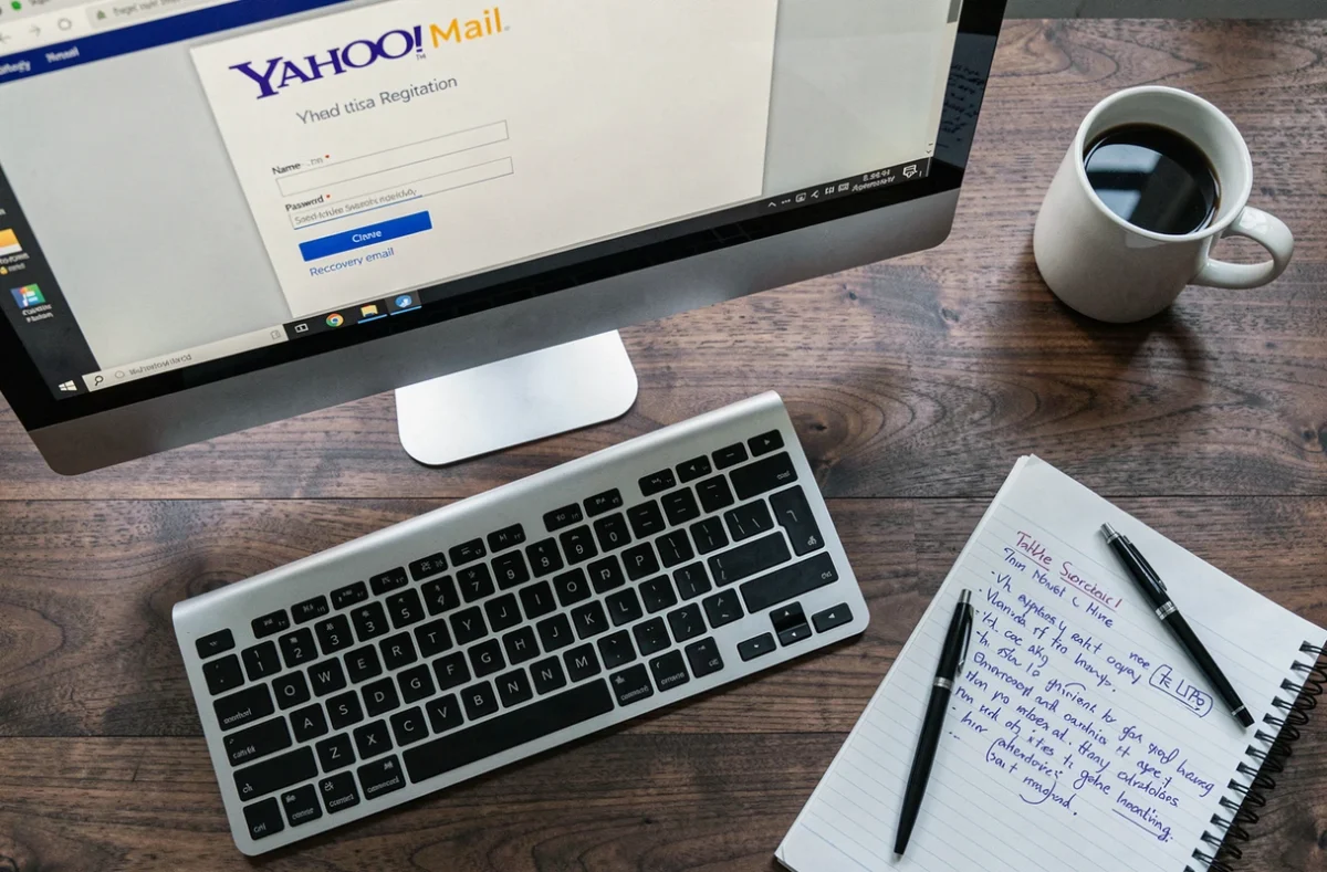 Vue aérienne d'un formulaire d'inscription Yahoo Mail sur un écran de bureau avec notes manuscrites