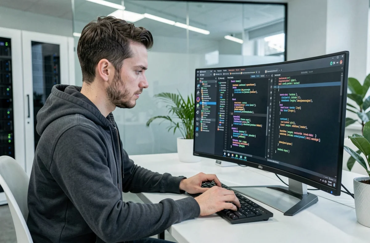 Développeur de Galadrim écrivant du code sur-mesure sur un moniteur ultrawide dans un environnement tech épuré