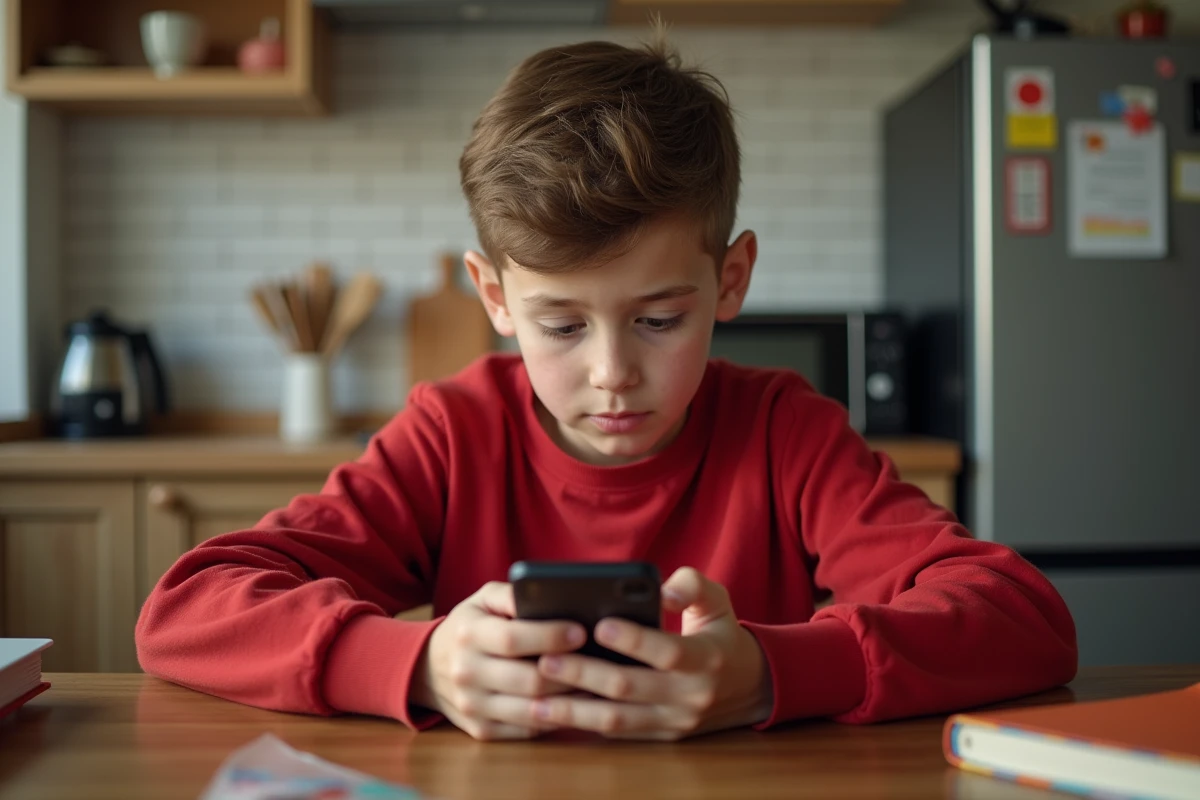 Garçon de douze ans utilisant un smartphone à la maison
