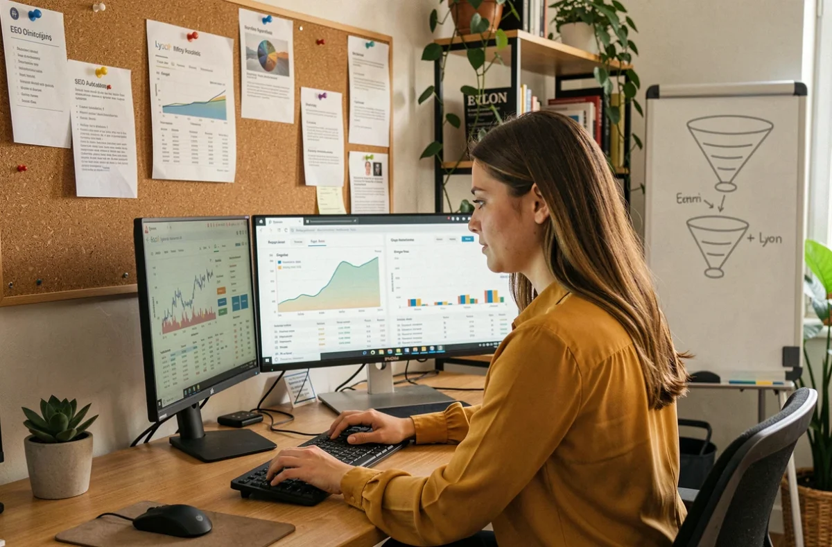 Spécialiste SEO de GentleView Lyon analysant des données de référencement naturel sur deux écrans dans un bureau digital