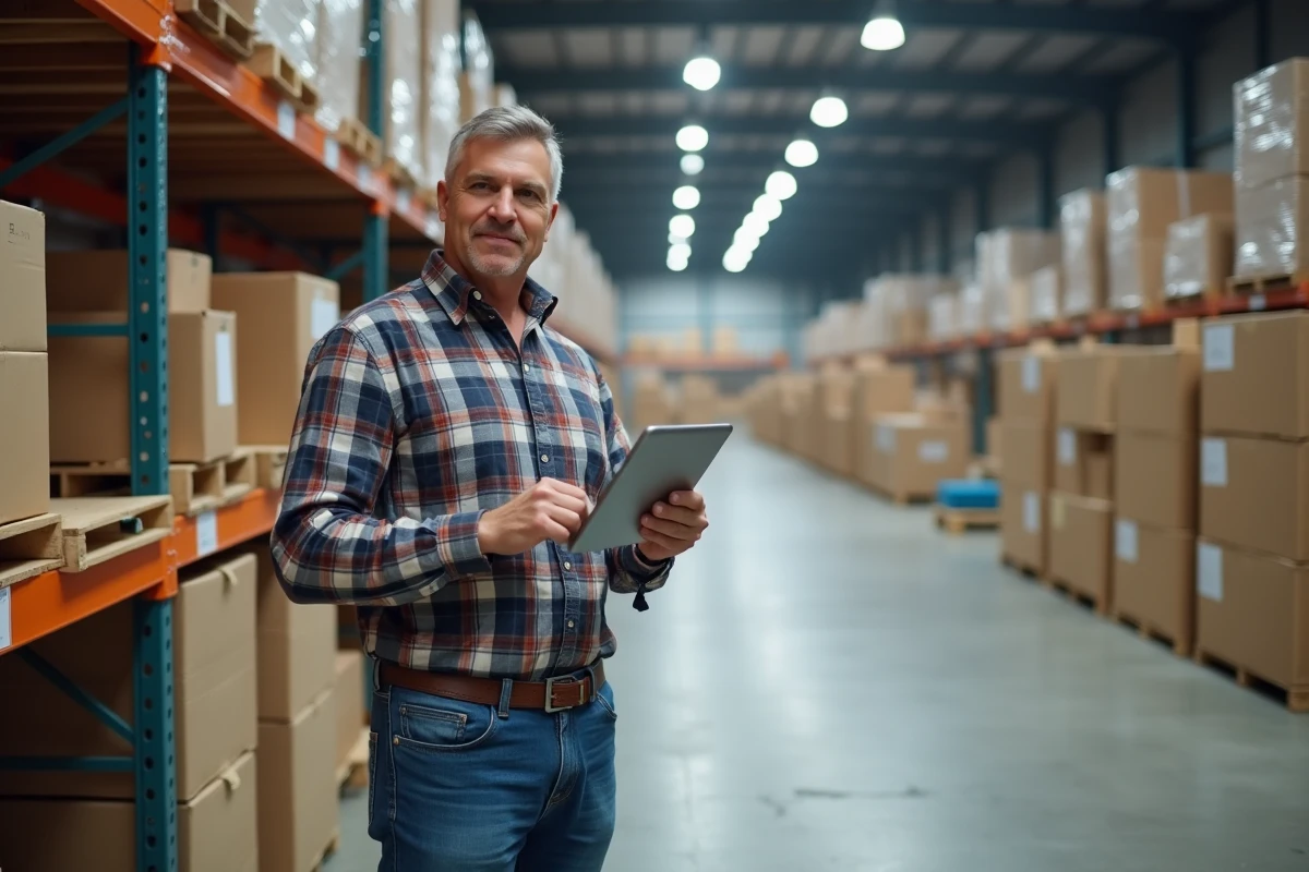 Gestionnaire logistique avec tablette dans un entrepôt