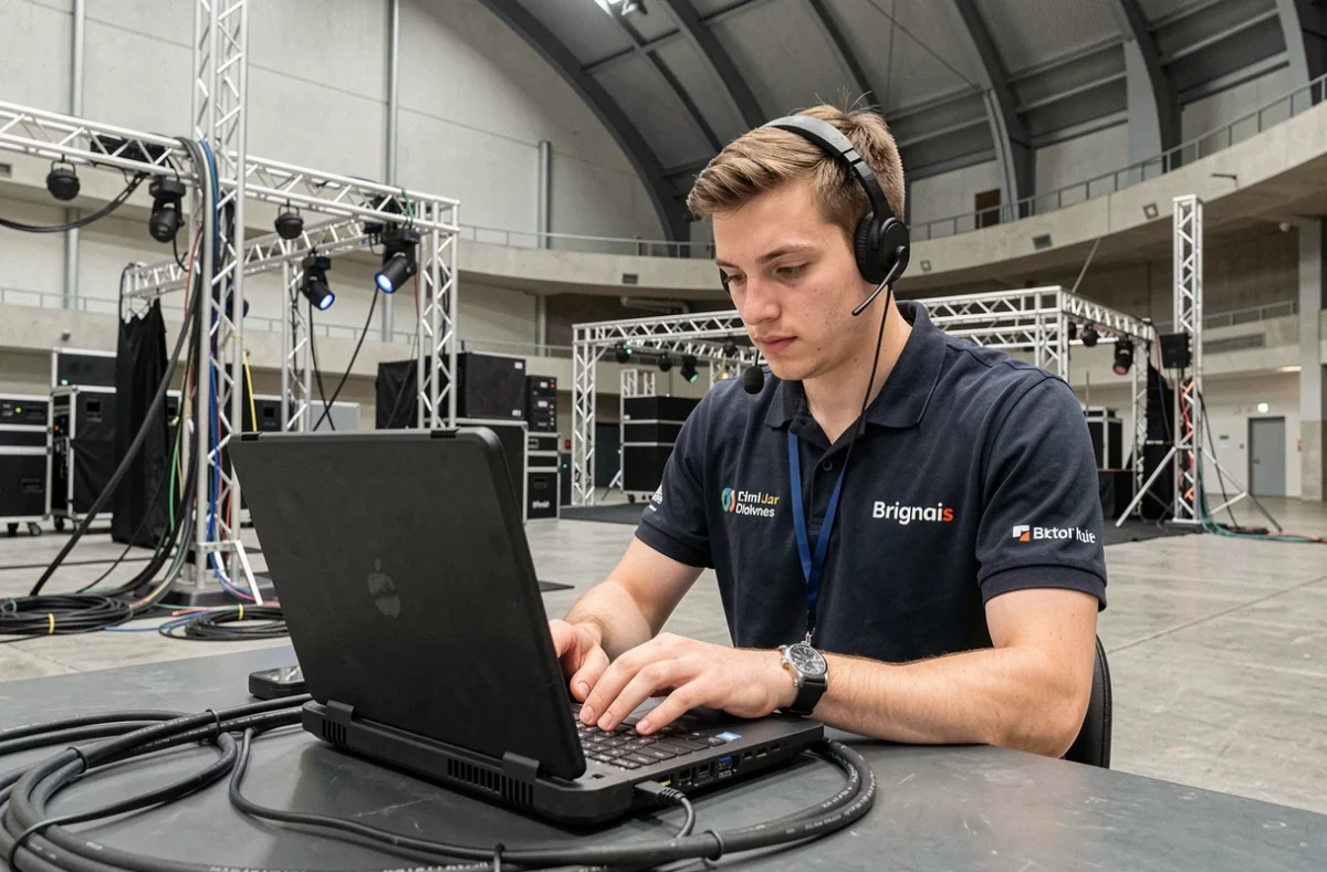 Technicien IT configurant des systèmes réseau temporaires dans une grande salle événementielle à Brignais pour GL Events S.I.