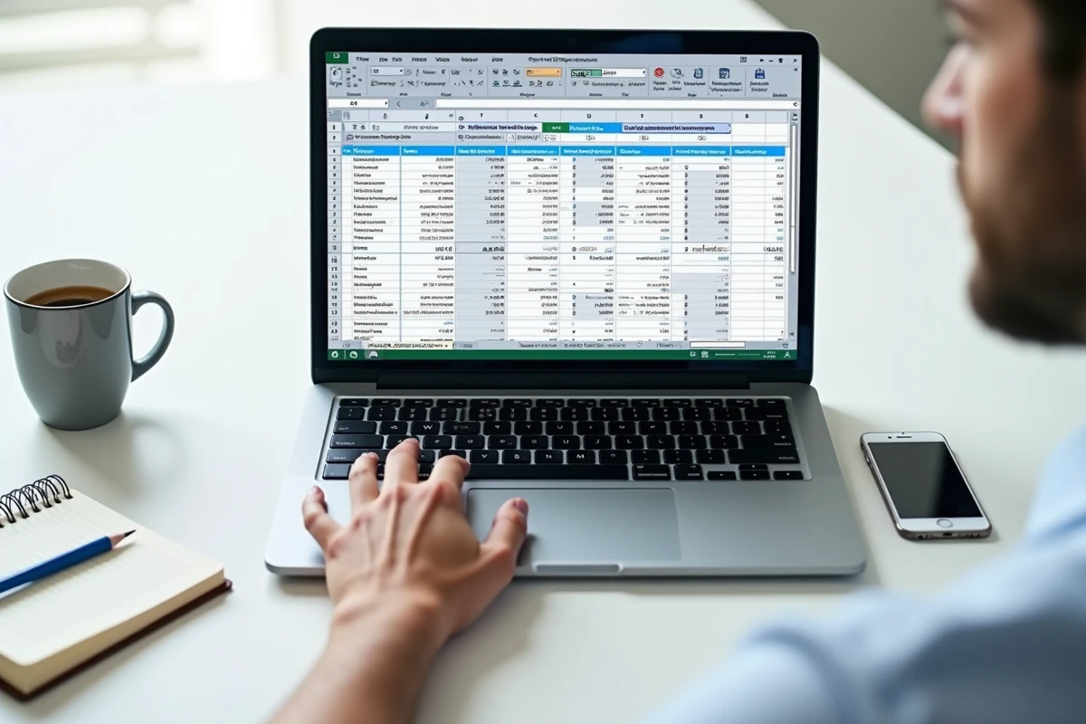 Gros plan d'un écran d'ordinateur portable affichant un modèle Excel de moyenne pondérée pour l'analyse des données de ventes