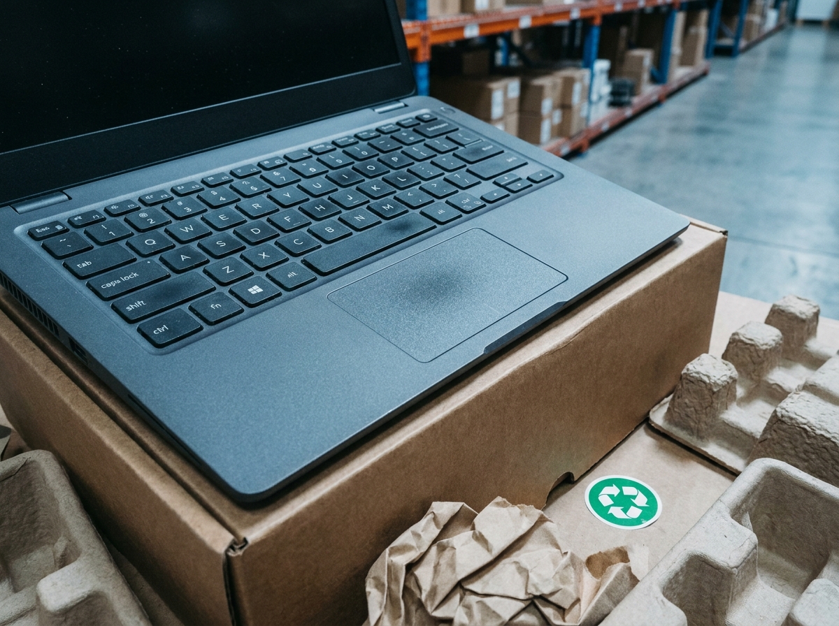 Gros plan d'un laptop reconditionné dans un emballage écologique avec symbole de recyclage