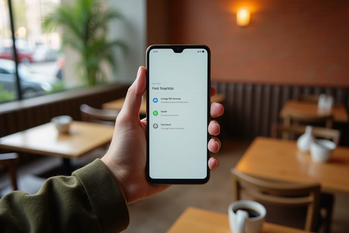 Gros plan sur un Google Pixel 8a lors de la première mise en route dans un café