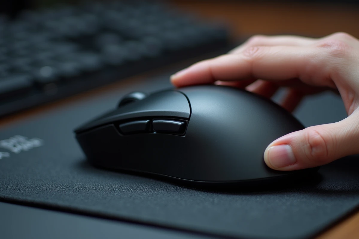 Gros plan sur une souris gaming avec détails des boutons et du DPI sur tapis de souris