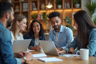 Groupe de jeunes adultes en coworking moderne en discussion