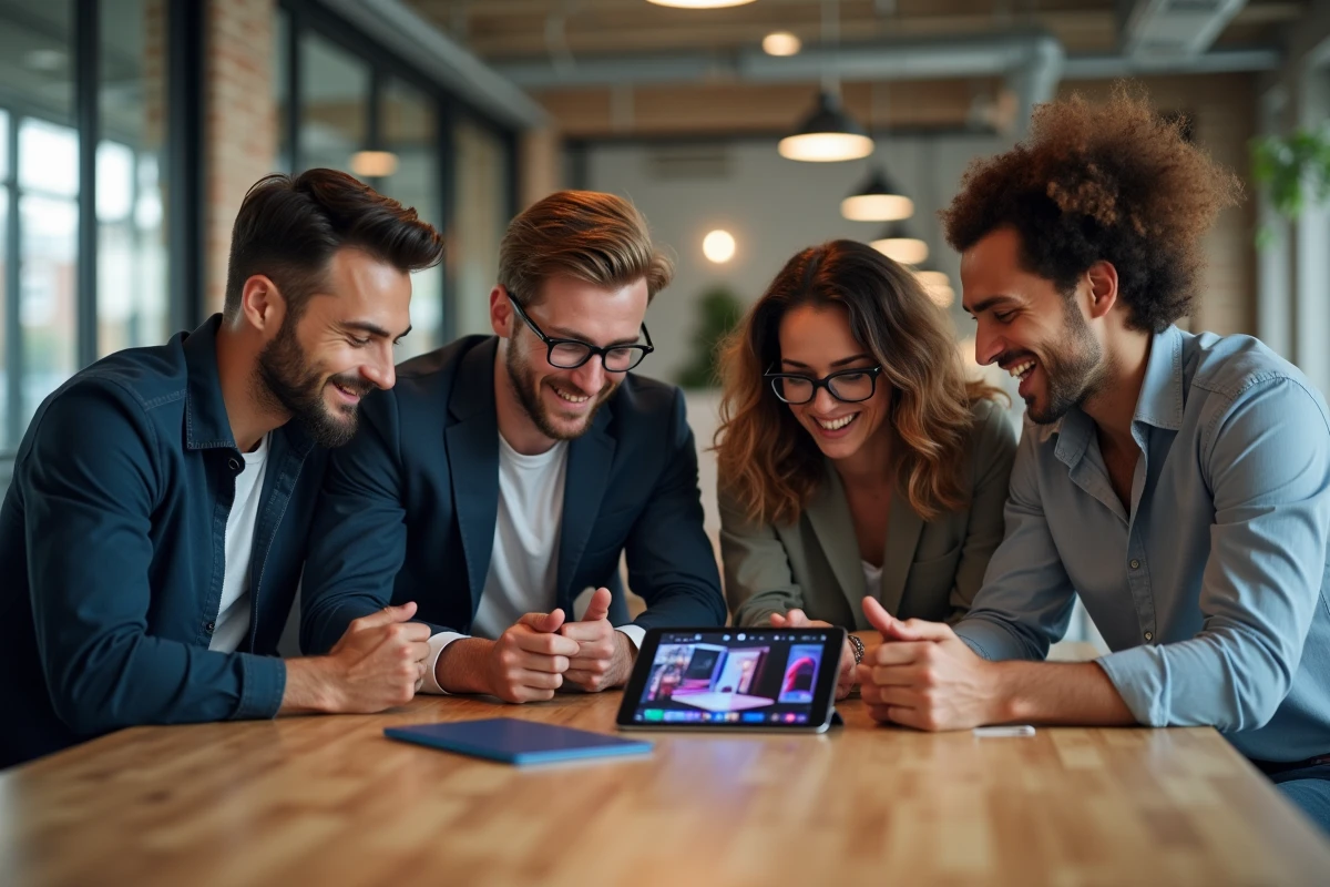 Groupe de jeunes professionnels autour d'une tablette avec rendus de smartphones