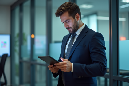 Homme d'affaires en costume bleu vérifiant une checklist sur tablette