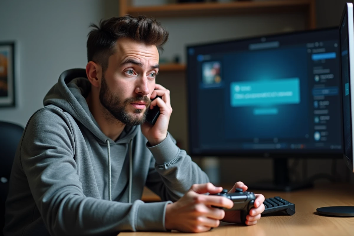 Homme frustré contactant le service client Sony PlayStation par téléphone pour un problème de remboursement sur le PS Store