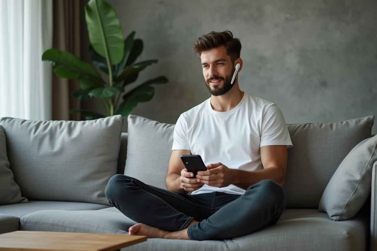 Homme utilisant une application de conversion YouTube MP3 sur smartphone dans un salon minimaliste