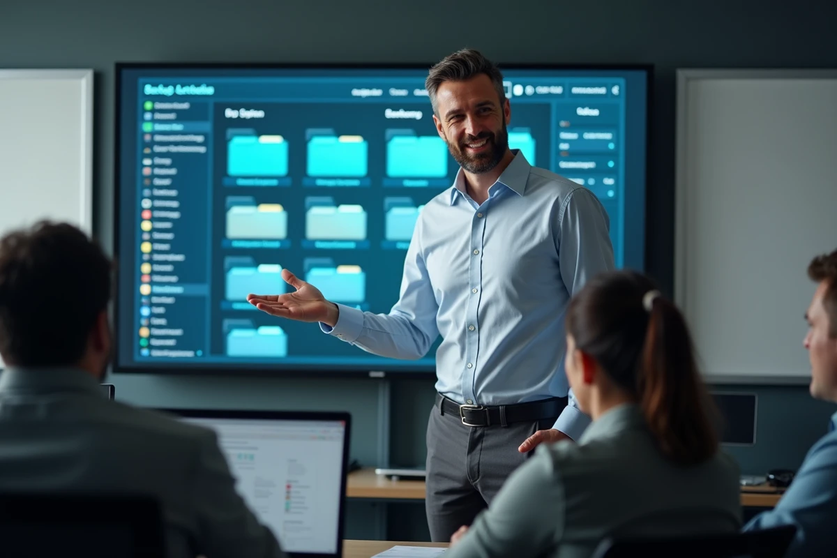 Homme montre stratégie de sauvegarde sur grand ecran