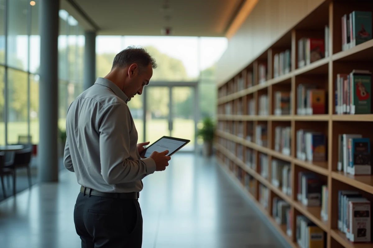 Homme d age consulte articles musique dans une bibliothèque