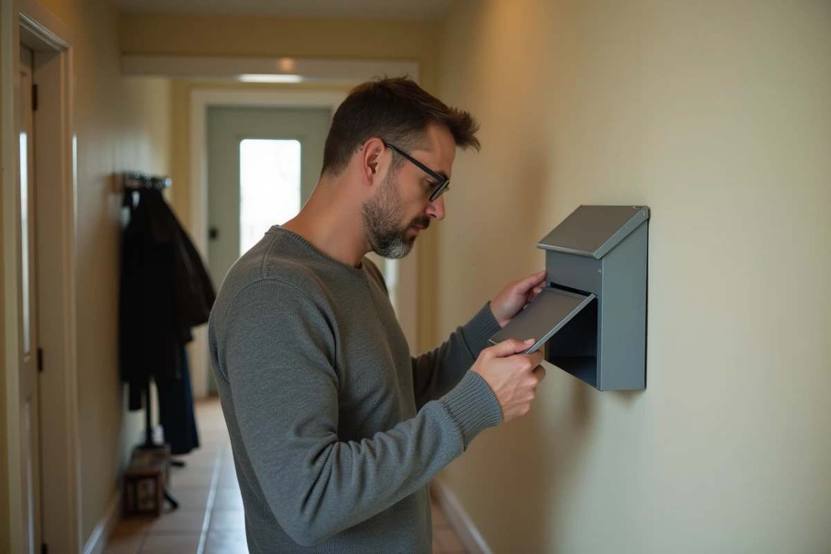 Homme devant une boîte aux lettres vide dans un couloir résidentiel, attente d'un courrier PIX non reçu