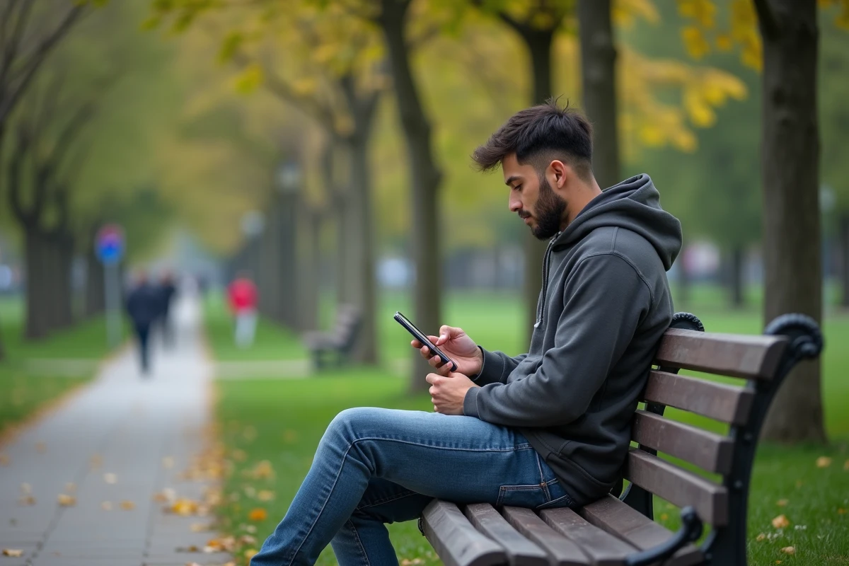 Homme en hoodie sur un banc regardant Instagram stories