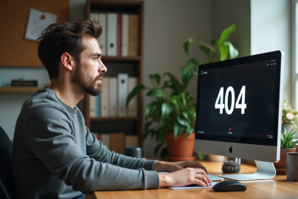 Homme au bureau regardant un message d'erreur 404