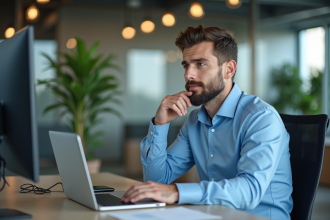 Homme en chemise bleue au bureau avec écran digital