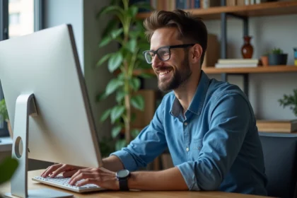 Homme en bureau moderne travaillant sur un ordinateur