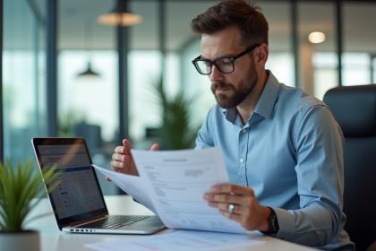 Homme en bureau comparant feuilles et écran d'ordinateur