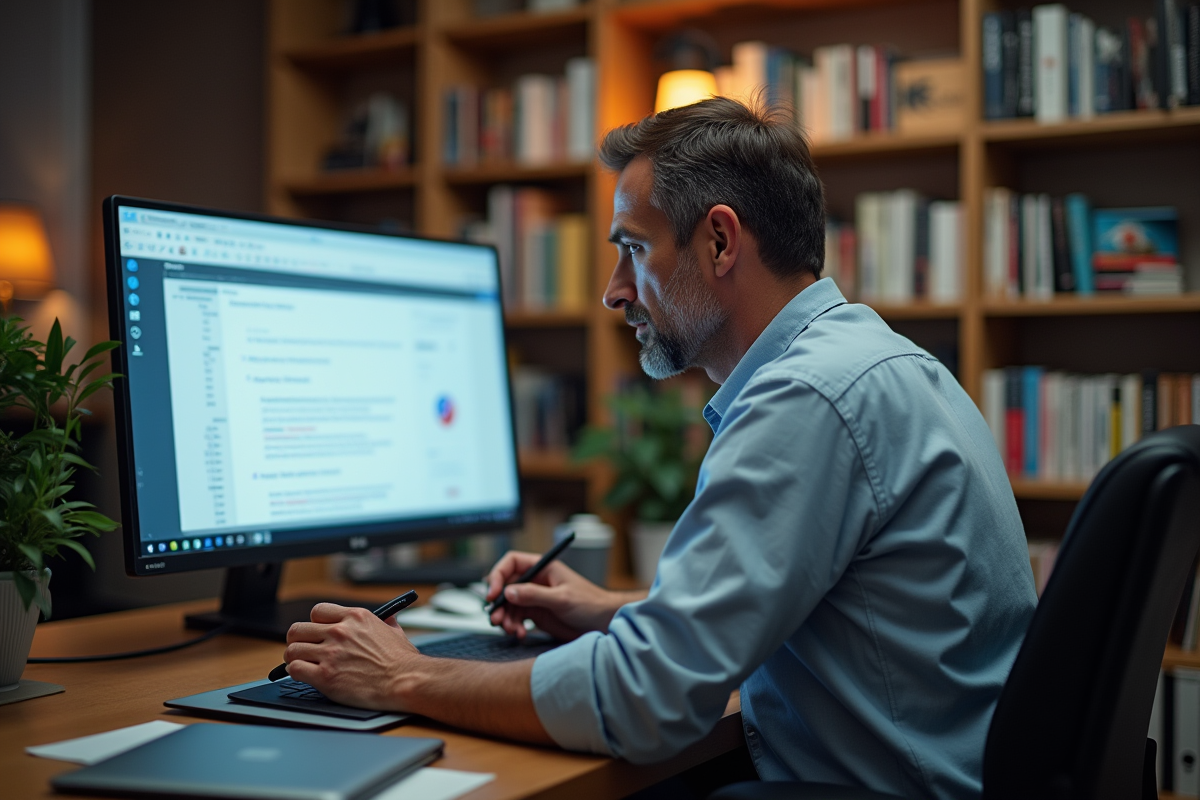 Homme en bureau utilisant une tablette graphique et monitor