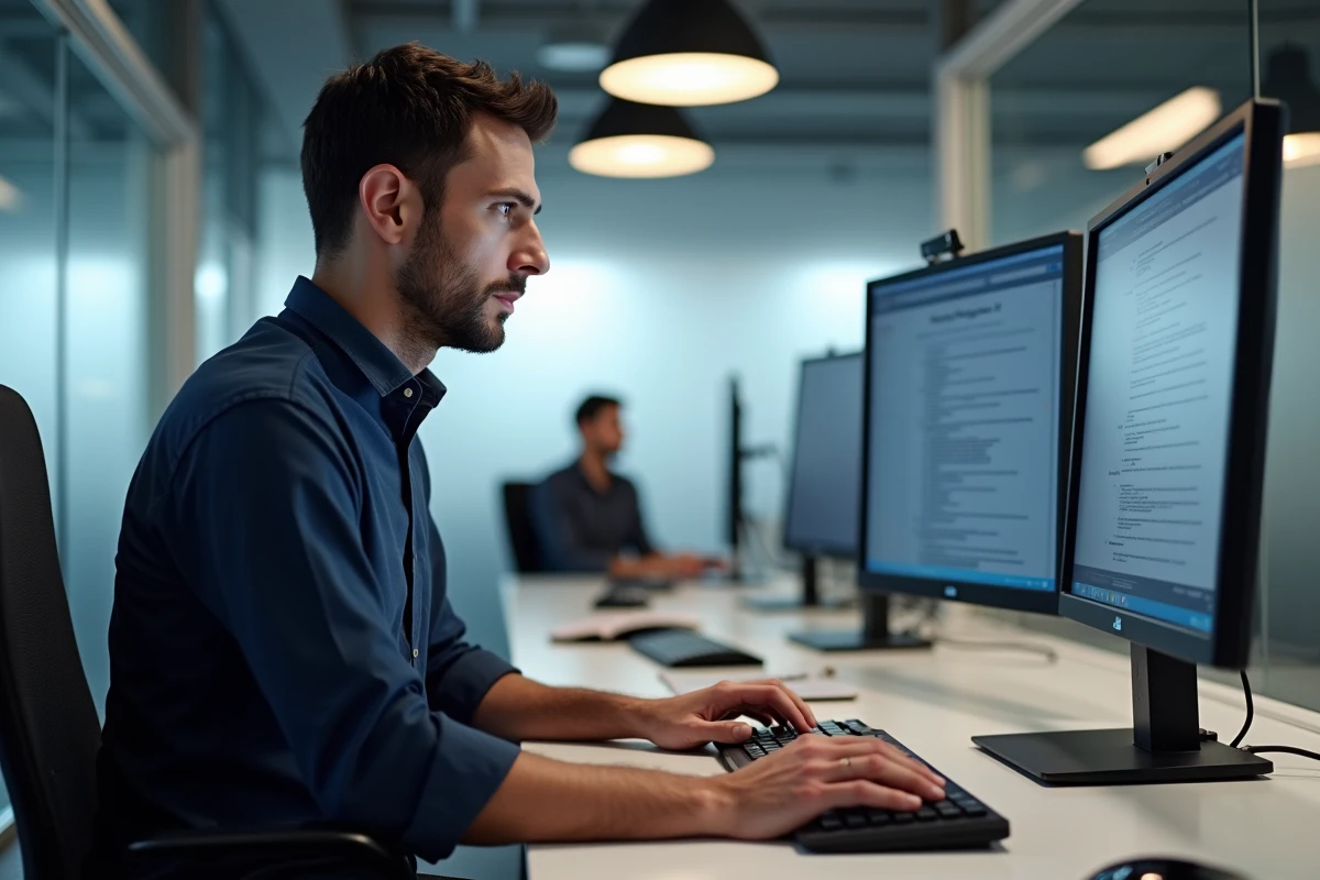 Homme en bureau utilisant un raccourci clavier pour insérer le caractère dièse sur son ordinateur