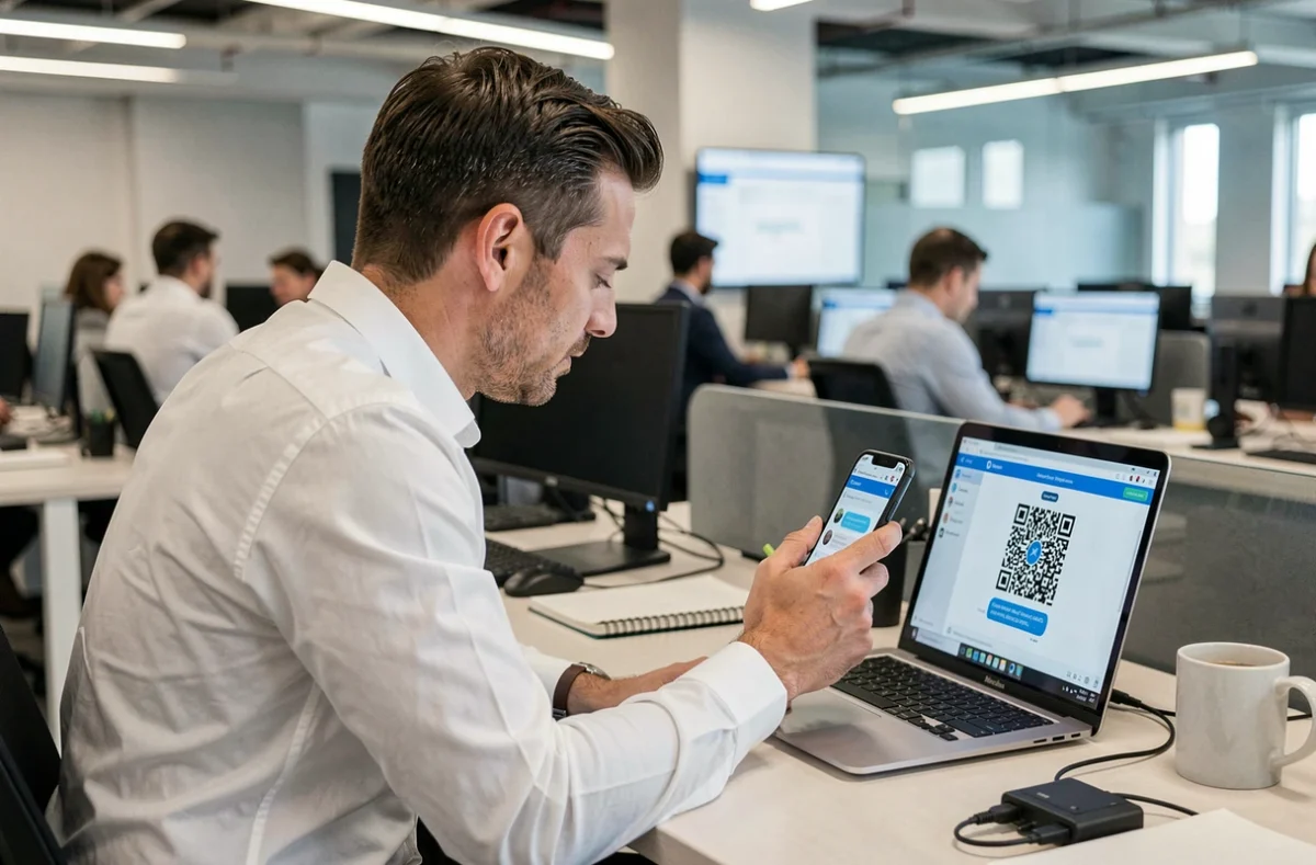 Homme en entreprise scannant un QR code WhatsApp Web avec son smartphone pour se connecter depuis son ordinateur de bureau