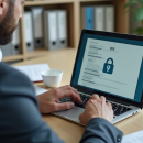 Homme d affaires en bureau concentré sur son ordinateur avec cadenas