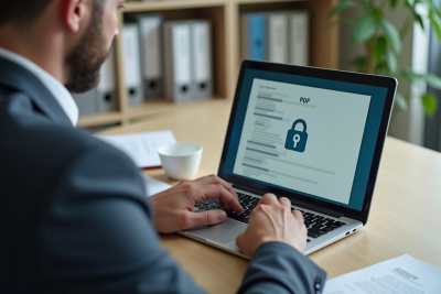 Homme d affaires en bureau concentré sur son ordinateur avec cadenas