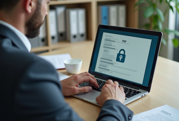 Homme d affaires en bureau concentré sur son ordinateur avec cadenas