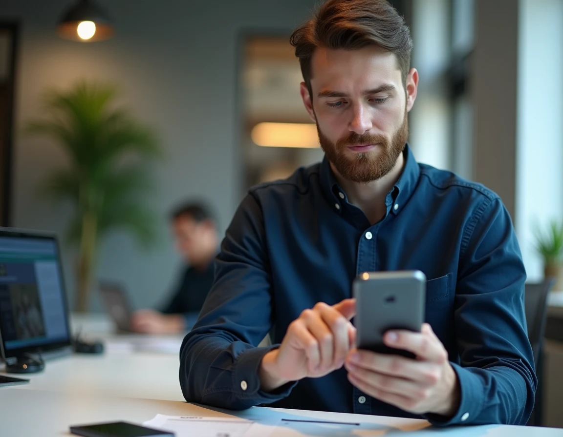 Homme en bureau moderne consultant WhatsApp et surlignant des messages dans une conversation professionnelle
