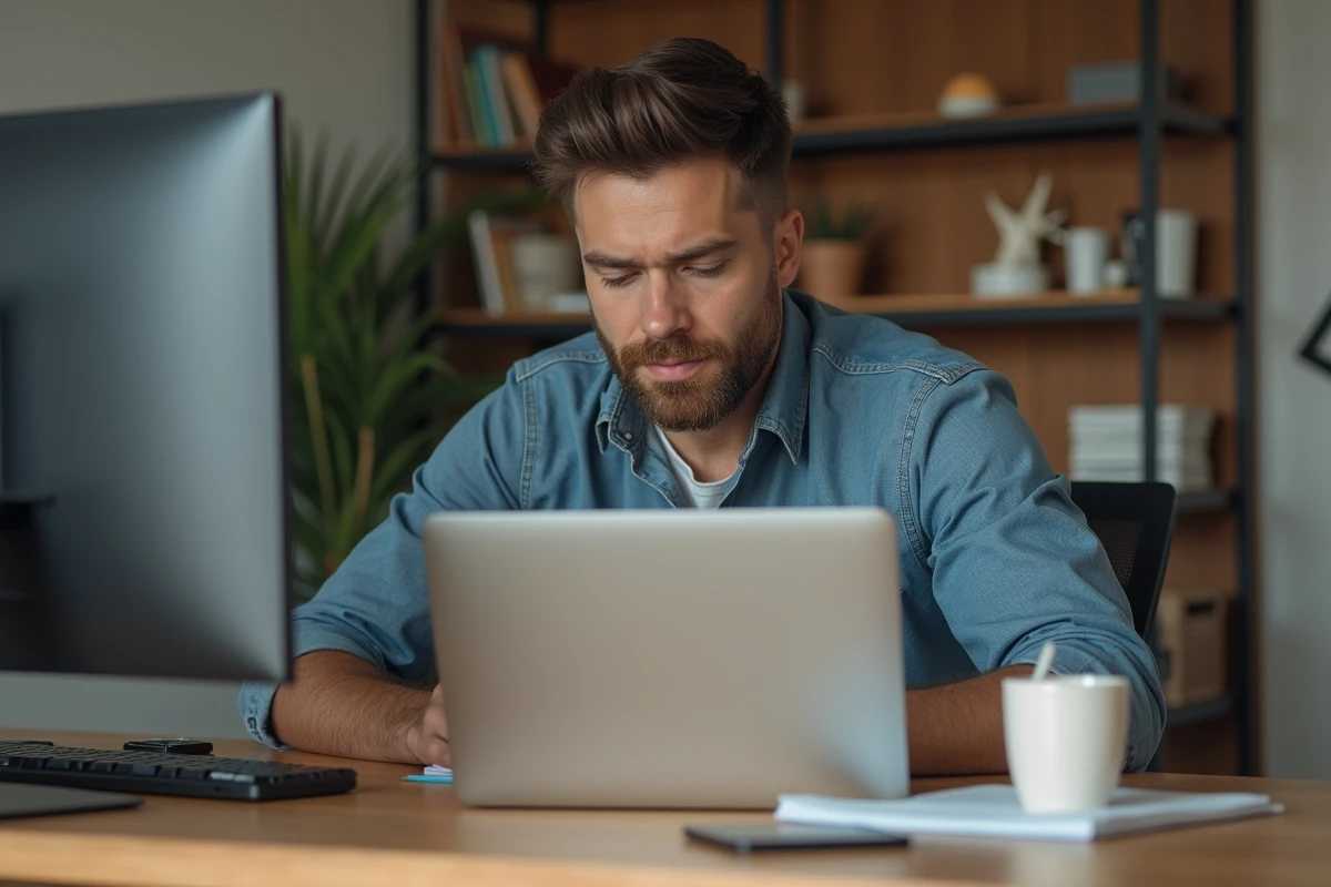 Homme en bureau moderne travaillant sur son ordinateur