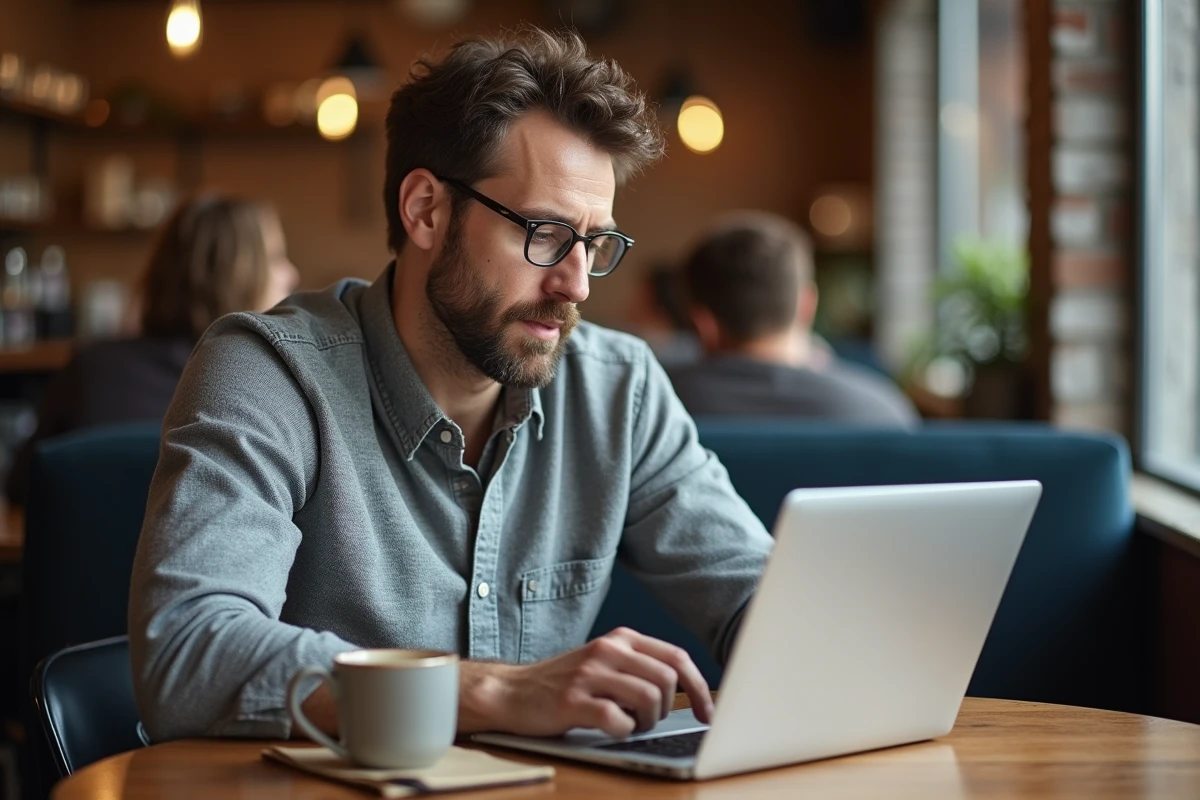 Homme au café vérifiant son ordinateur dans un cadre décontracté