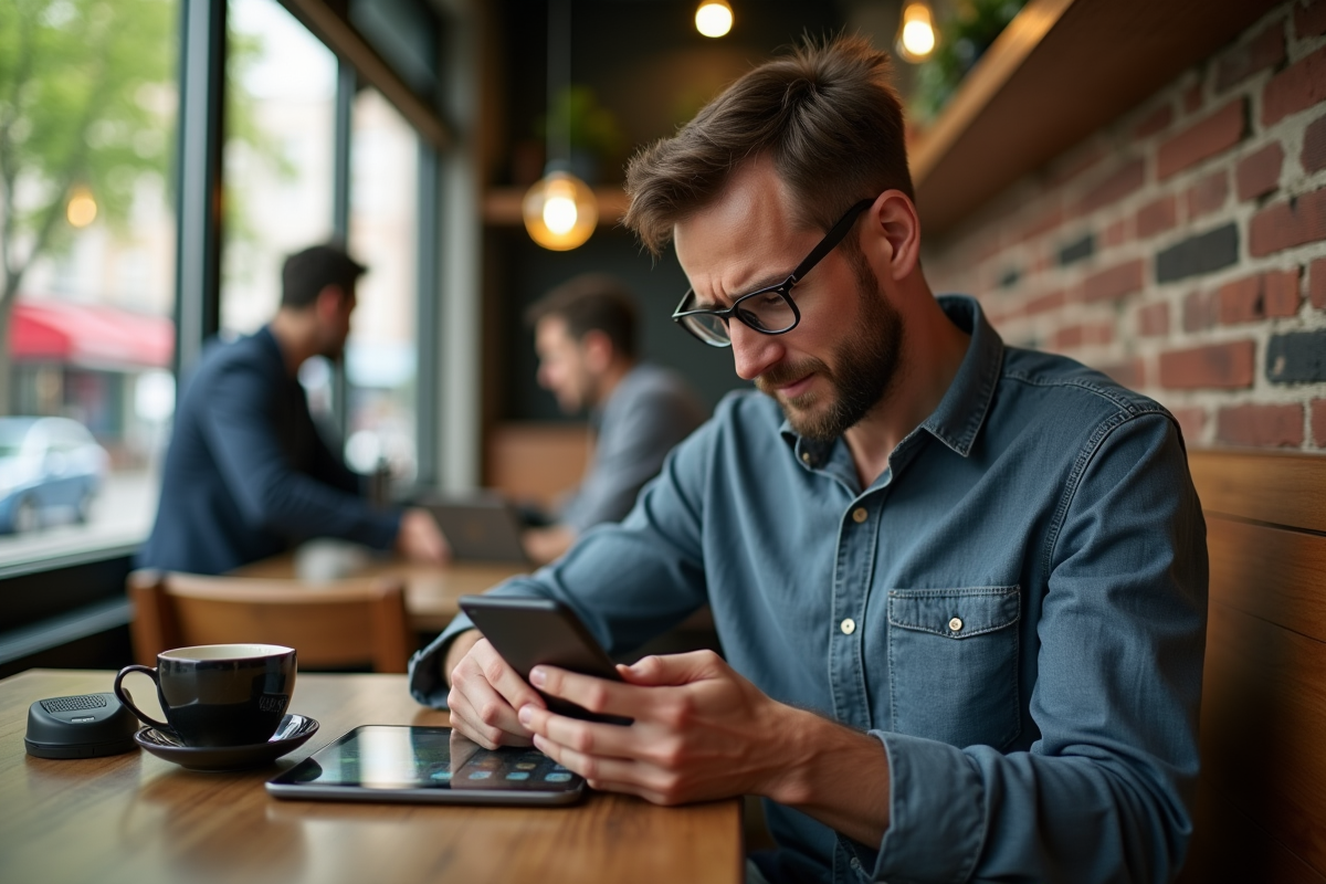 Homme dans un café regardant une tablette avec publicité