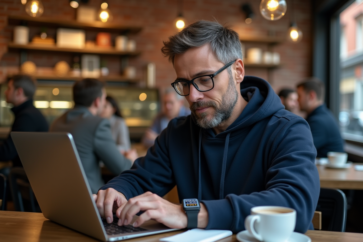 Homme au café utilisant sa smartwatch pour la verification