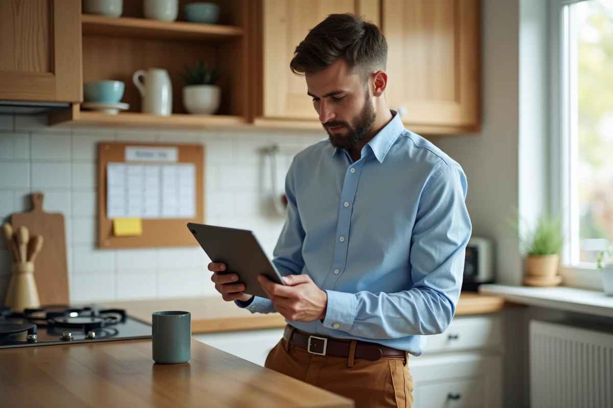 Homme vérifiant ses contacts sur une tablette dans la cuisine