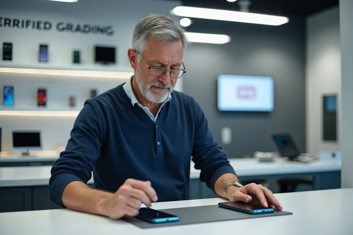 Homme comparant deux téléphones reconditionnés dans une boutique spécialisée en électronique remis à neuf