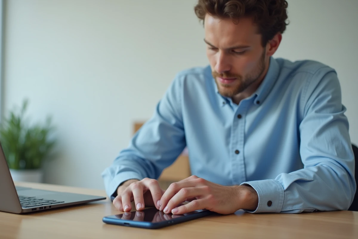 Homme configurant son Google Pixel 8a sur un bureau de home office