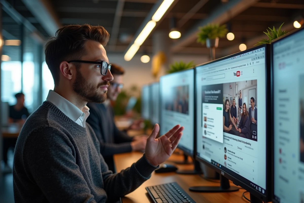 Homme debout devant un grand écran regardant YouTube dans un espace de travail