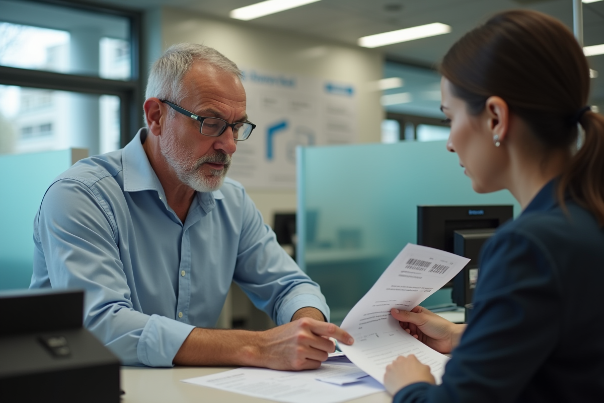 Homme expliquant un numéro de téléphone à un agent bancaire