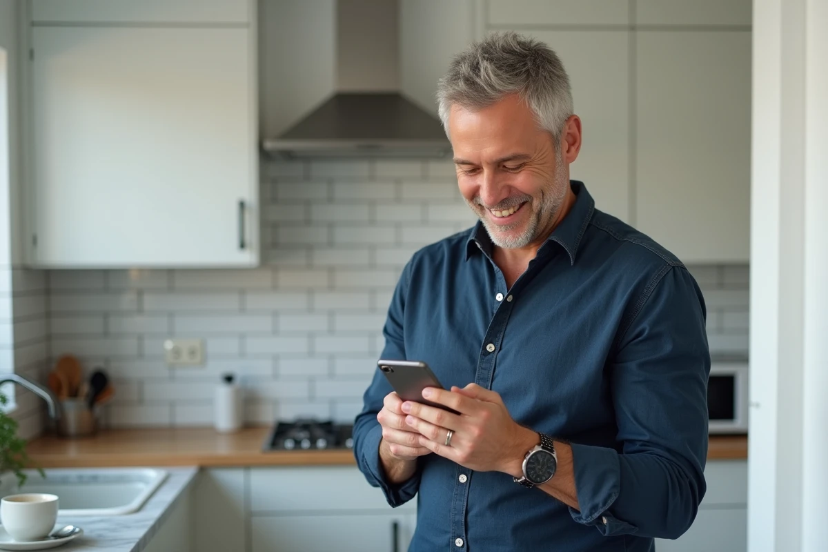 Homme enregistrant un favori sur son smartphone dans une cuisine minimaliste moderne
