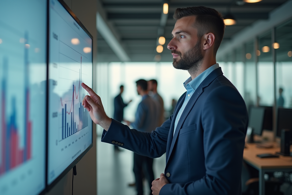 Homme d affaires analysant des graphiques de leads en open space