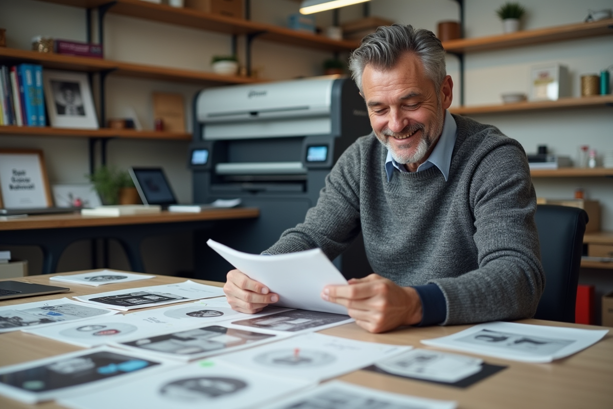 Homme examine des flyers imprimés dans un atelier de print