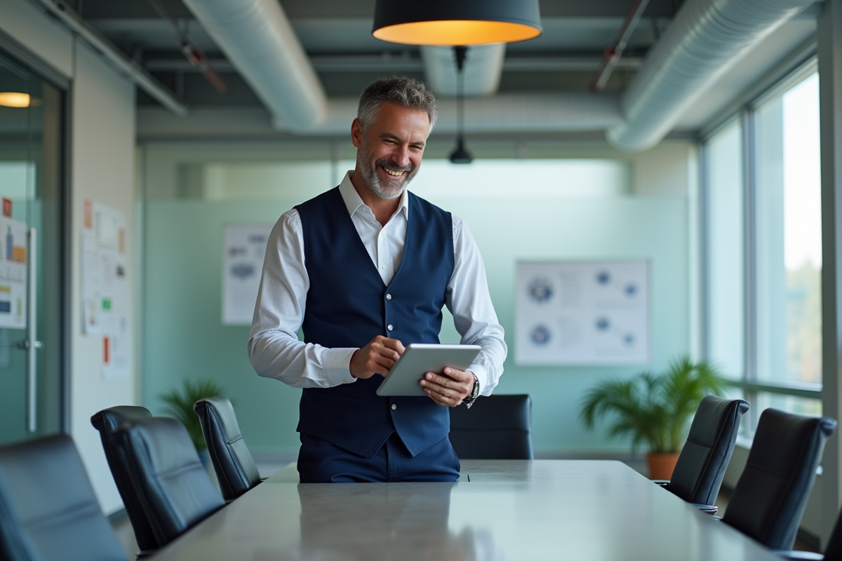Homme d affaires utilisant une tablette dans un bureau lumineux