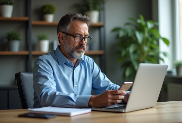 Homme d'âge moyen utilisant un ordinateur au bureau moderne