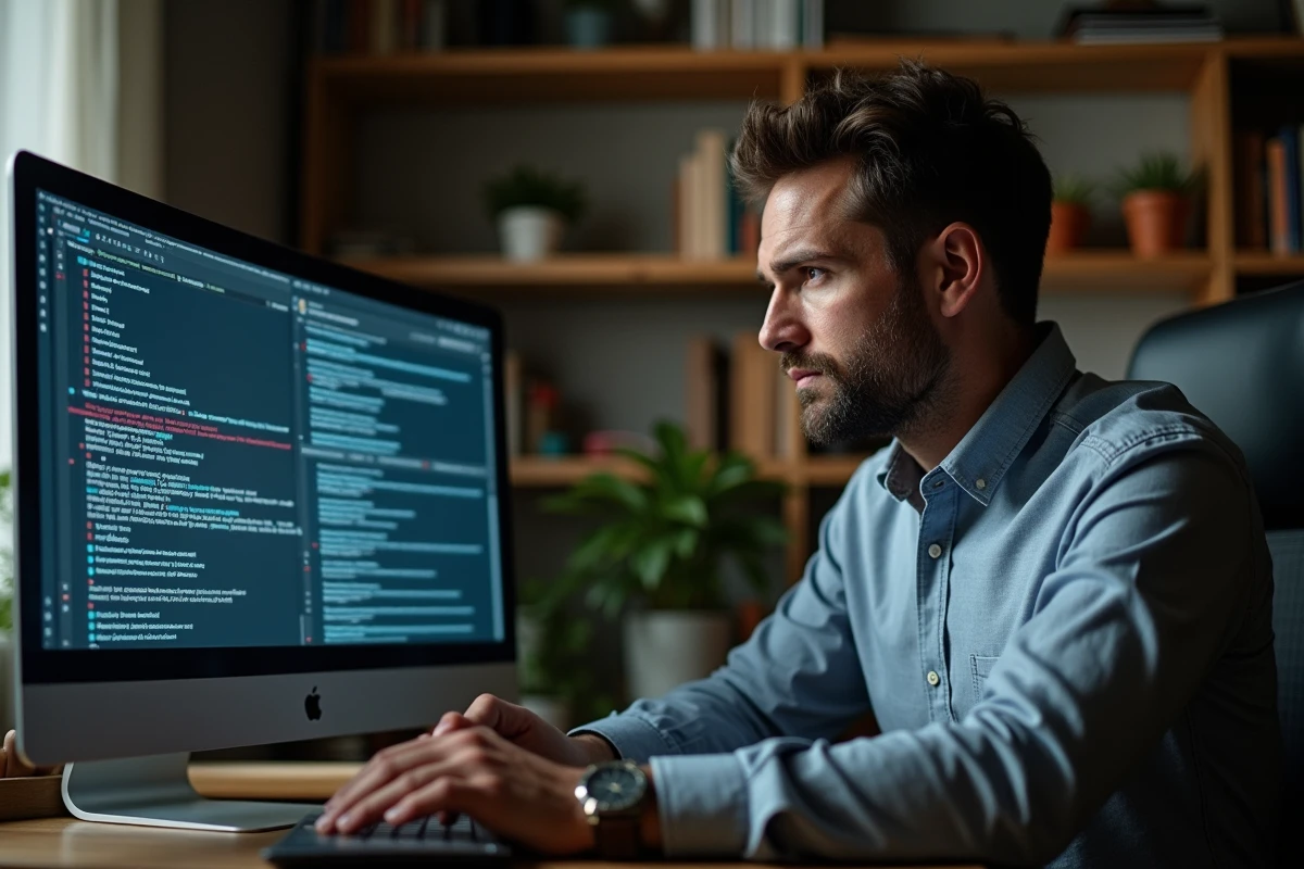 Homme d'âge moyen examinant les paramètres DNS sur son ordinateur